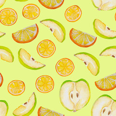 Watercolor hand drawn tea set pattern, apples, oranges, fruit slices, light yellow background