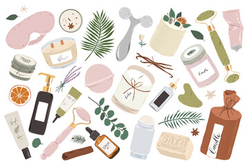 Various beauty skin care tools and treatments, skincare routine, moisturizer, sleeping mask, facial roller massager and scented candle, wellness and wellbeing concept, isolated vector illustrations - obrazy, fototapety, plakaty