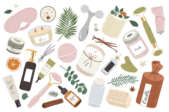 Various beauty skin care tools and treatments, skincare routine, moisturizer, sleeping mask, facial roller massager and scented candle, wellness and wellbeing concept, isolated vector illustrations