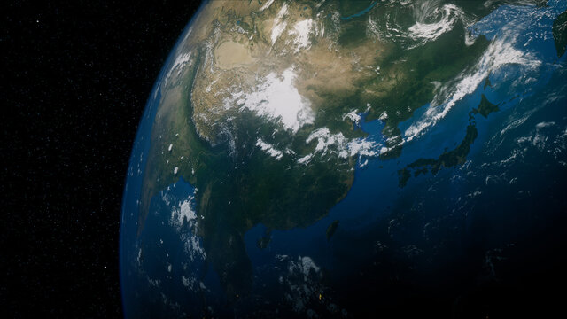 Earth in Space. Photorealistic 3D Render of the Globe, with views of China and Asia. Climate Concept.