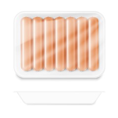 Tray with realistic sausages. Vector illustration isolated on white background. Can be use for your design, presentation, promo, adv. EPS10.	