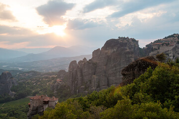 Fototapeta na wymiar Monasteries built on cliffs, Meteora at sunset, Greece