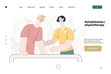 Medical insurance illustration - rehabilitation and physiotherapy. Modern flat vector