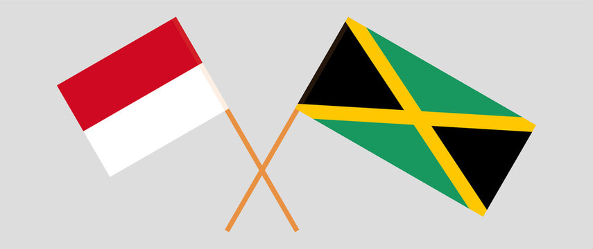 Crossed flags of Monaco and Jamaica. Official colors. Correct proportion
