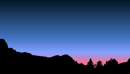 Forest and mountains silhouette, landscape view. Sunset gradient sky in blue and pink colors, illustration. 