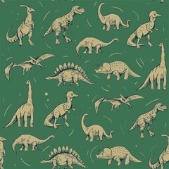 Seamless pattern. Set of dinosaurs isolated on white background,vector sketch illustration. Vintage style © aksol