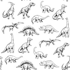 Seamless pattern. Set of dinosaurs isolated on white background,vector sketch illustration. Vintage style