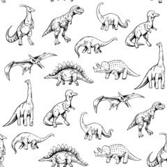Seamless pattern. Set of dinosaurs isolated on white background,vector sketch illustration. Vintage style © aksol