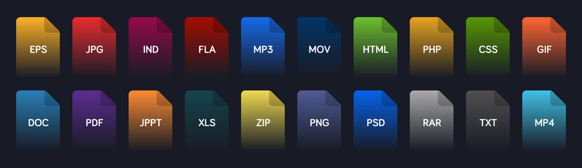 File icon set. Collection of file or folder icons with different document file types. Document vector icons for popular file extensions. Modern user interface icons