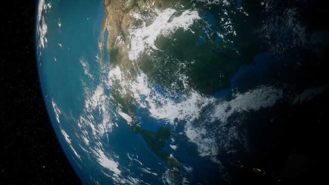 Earth in Space. Photorealistic 3D Render of the World, with views of USA and North America. Climate Concept.