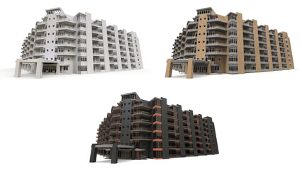 Condominium model in white color with transparent glasses. Apartment house with a courtyard. 3d rendering.