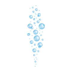 Underwater bubbles. Blue transparent drops of bath sud, soap or shampoo foam, aquarium or sea water stream, sparkling drink. Vector realistic illustration.