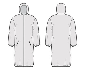 Hooded jacket Down puffer coat technical fashion illustration with long sleeves, zip-up closure, boxy fit, knee length. Flat template front, back, grey color style. Women, men, unisex top CAD mockup © Vectoressa
