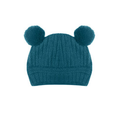 Close up turquoise knitted baby hat with funny ears bear isolated on white background