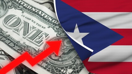 Fototapeta na wymiar Puerto Rico Realistic Flag, Usa Dollar, Rising Zigzag Red Arrow Illustration