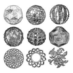 Set of decorative balls in hand drawn style. Abstract magic balls or mysterious orbs with holes, 3d printing sphere crystal. Vector.