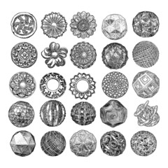 Set of vintage style floral circular cast stone design elements. Marble rosettes drawing for fashionable pattern in black white for textile, scarves, backgrounds. Vector.