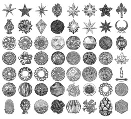 Set of vintage style floral circular cast stone and ornate ceilings design elements. Low poly geometry shape star crystals for Christmas and other decorative drawings. Vector.