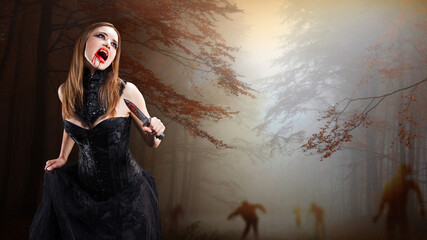female vampire with a knife in front of a creepy forest - obrazy, fototapety, plakaty