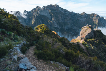 Scenic view on the trekking path from Pico Arieiro to Pico Ruivo during sunset in Madeira Portugal. High quality photo