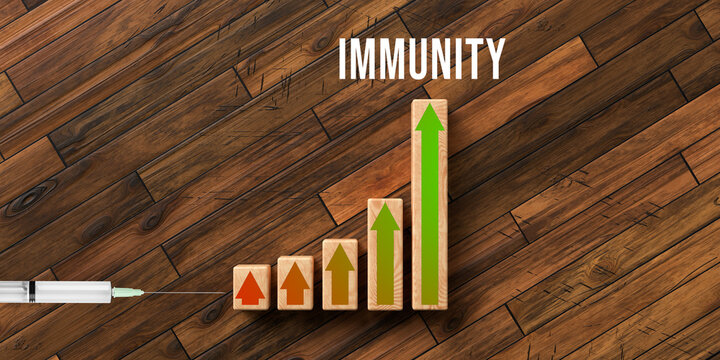 wooden blocks as bar chart and message IMMUNITY on wooden background