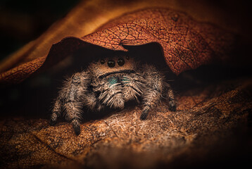 The female of jumping spider (Phidippus regius) is hidden under a leaf. Warm colors, the surroundings are dark to black.