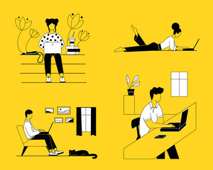 Obraz premium Men and women work, study on a laptop at home remotely online. They are sitting in a chair, at a table, on the steps, lying on the floor. Linear style