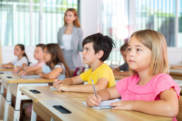 Fototapeta na wymiar Schoolchildren sitting at desks in classroom. Female teacher staning beside desks.