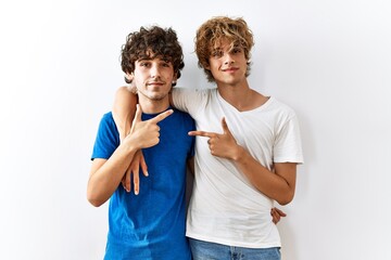 Obraz premium Young gay couple standing together over isolated background pointing with hand finger to the side showing advertisement, serious and calm face