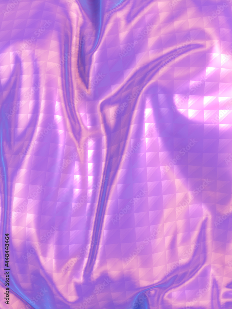 Poster psychedelic iridescent crumpled metallic cloth with geometric pattern magical background. 3d render 