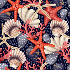 Naklejki  Wzór z czerwone rozgwiazdy, muszle i koral. Modny nadruk wektor.