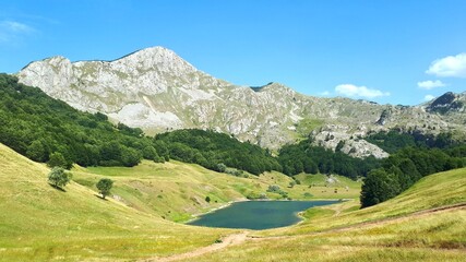 Fototapeta na wymiar Orlovacko lake and peak Orlovac above it, mountain Zelengora, Bosnia and Herzegovina