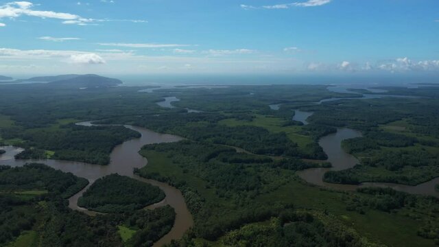 Mangroves ecosystem aerial shot Terraba sierpe national wetlands Costa Rica sunny day