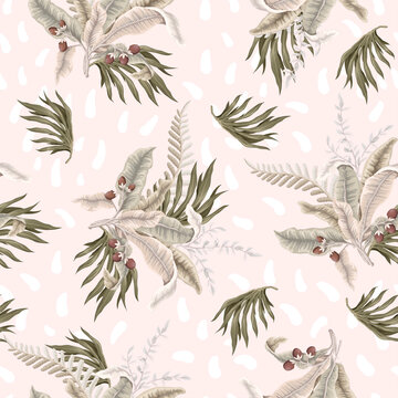 Seamless pattern with light tropical leaves and flowers. Trendy textile print. © Yumeee