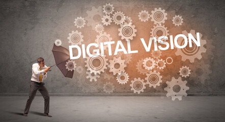 Businessman defending with umbrella