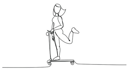 Girl riding an electric scooter in one line on a white background. Stock illustration