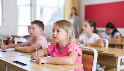 Fototapeta na wymiar Schoolchildren sitting at desks in classroom. Female teacher staning beside desks.