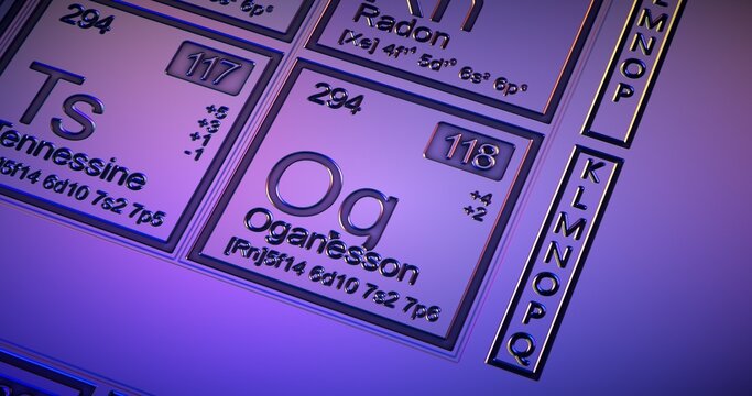 Oganesson. Closeup periodic table of the elements.