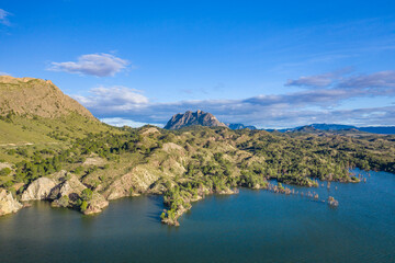 Aerial photo of Reservoir Alfonso XIII in mountains of Calaspara, Murcia, Spain