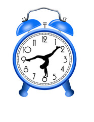 A girl gymnast balances in a hand stand on the face of a clock in a 3-d illustration about it being time to exercise.