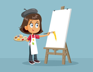 Female Art Student Painting on An Easel Vector Cartoon