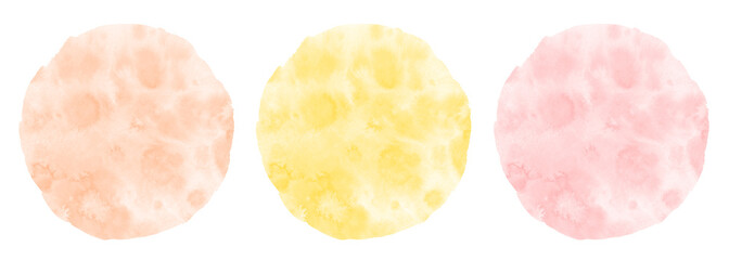 Watercolor circles set, backgrounds collection. Soft, transparent, pastel colors watercolour stains, splashes texture. Round shape with creative, uneven edge. Light orange, yellow, blush pink colors.