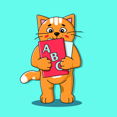 Cat with textbook. Alphabet.  Animal Education. Flat Cartoon Style