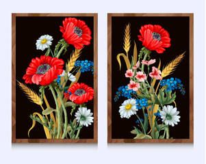 Botanical poppies and wild flowers within the framework. Vector.