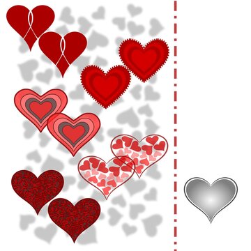 An abstract illustration featuring a crowd of red and pink hearts, all in pairs, and a lone gray heart outside of the group