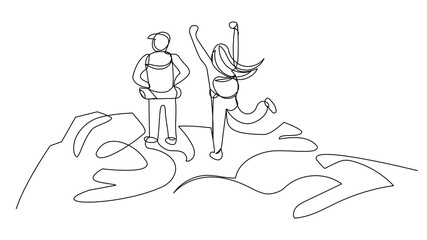 A loving couple travels the world. Two tourists in the mountains in one line on a white background.