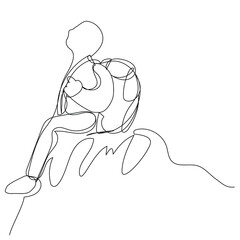Climber's contour at the top of the mountain. Seated traveler in one line on a white background.