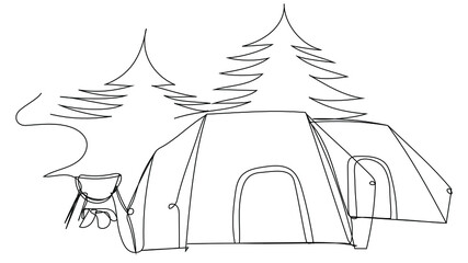 Fototapeta premium Forest campground in one line on a white background. Vector illustration with a hike in the thick of the forest. Outdoor cooking.