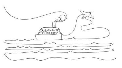 Seascape with a steamer and a seagull in one line on a white background. Tourist cruise. - obrazy, fototapety, plakaty