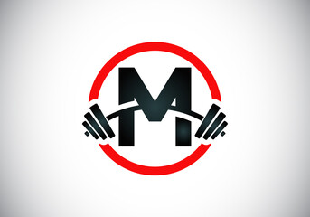 Initial M monogram alphabet with a barbell. Lifting vector logo design. Modern vector logo for bodybuilding, gym, fitness club, business, and company identity
